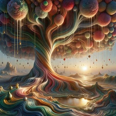 The primary subject of the image is a large, colorful tree with many balls hanging from it. The tree is surrounded by a vibrant and lively environment, with a sunset in the background. The visual style of the image is digital art, as it appears to be a painting or drawing created using digital tools. The colors and mood of the image are bright, cheerful, and whimsical, with the tree and balls creating a sense of playfulness and wonder.